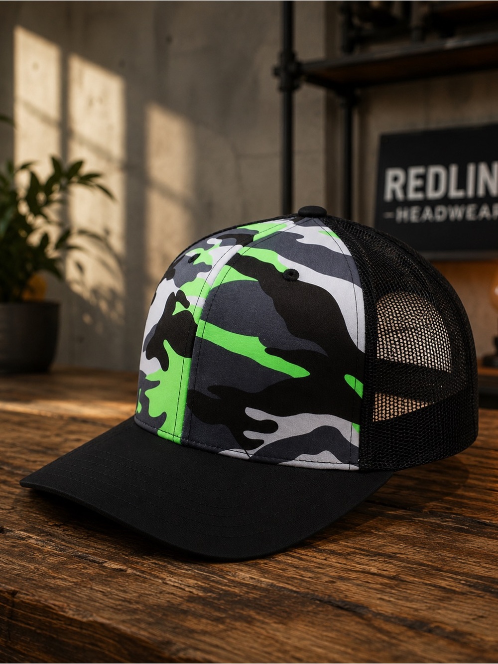 Trucker Hat – Green Camo Mesh Blank Mid Profile 6 Panel Cap